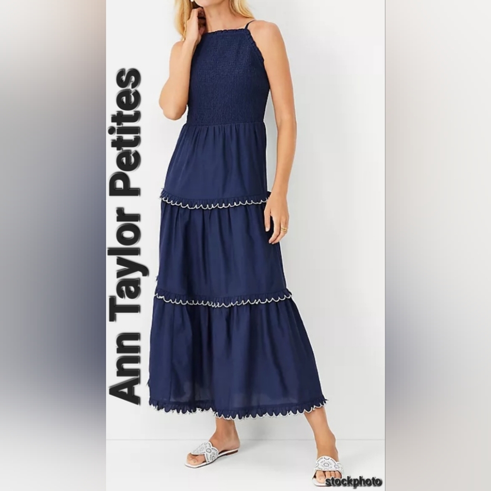 Ann Taylor Petites Blue Smocked Scalloped Women's Maxi Dress Size X-SMALL NWT